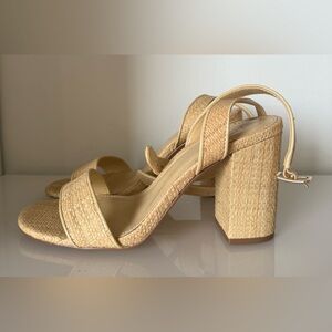 SIZE 8.5 - J CREW - RAFFIA BLOCK HEEL ANKLE STRAP SANDAL - TAN NEUTRAL BEIGE